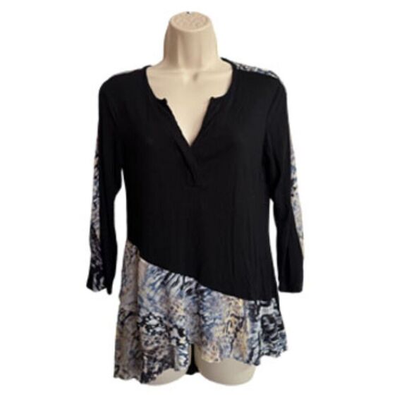 Cable & Gauge Black Sheer Mesh Tiered Front 3/4 Sleeve High Low Top Size S - Picture 2 of 11